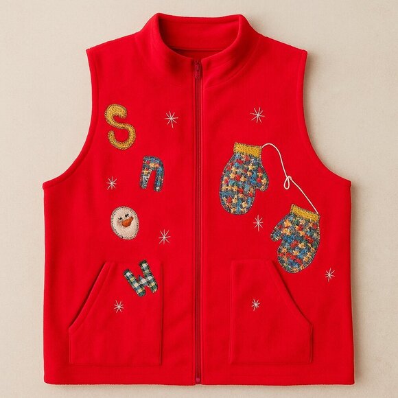 NYL Wear Jackets & Blazers - Nyl Wear Red Fleece Holiday Vest 1X Snowmen Mittens Appliqué Christmas Novelty